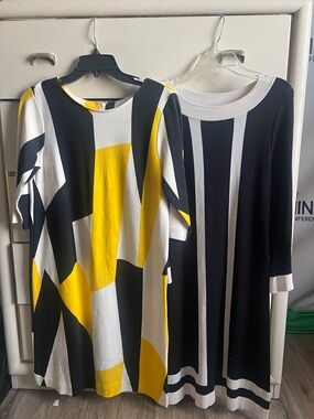 2 INC International Concepts Black, White & Yellow Geometric Knit Dresses